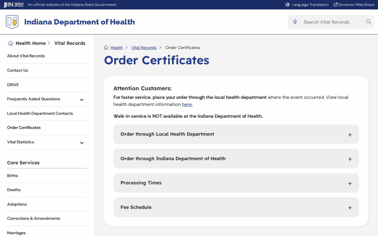 Indiana vital records order routes used for a Muncie resident lookup